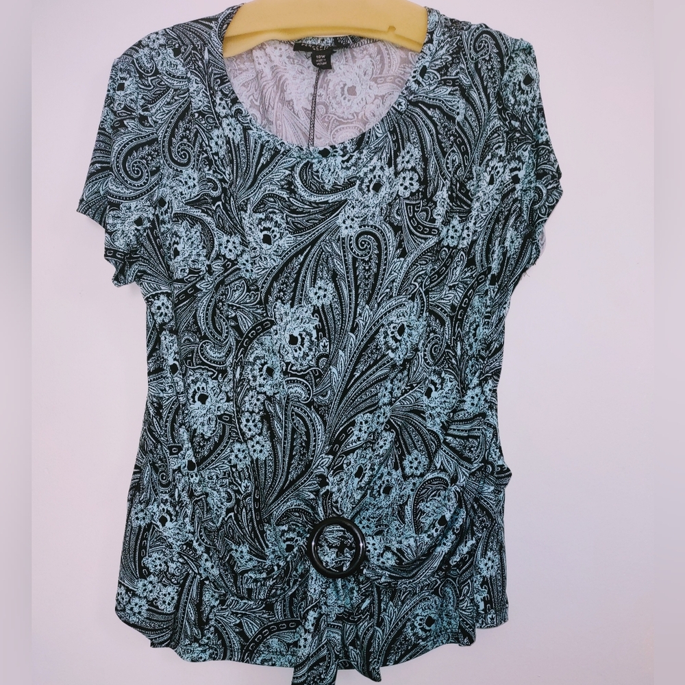 Aqua & Black Short Sleeve Top with Slip Tie Closure